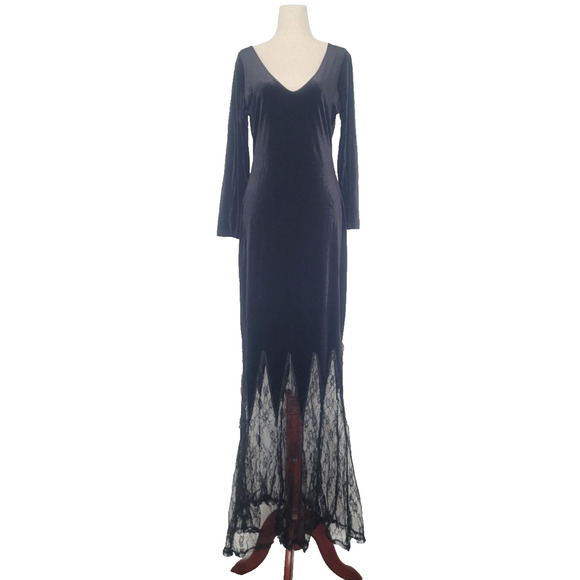 Velvet Long Sleeve Lace Trim Maxi Dress Size M Black Witchy Whimsigoth Vamp Goth - Picture 1 of 9